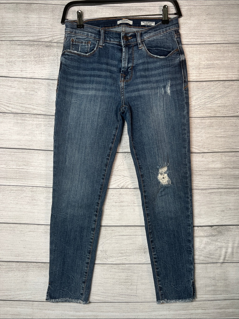 Kensie The Effortless Skinny Crop Jeans Distressed Raw Hem Ankle Blue Denim 4/27